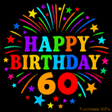 A birthday cake with lit candles is shown with colorful balloons and animated confetti.