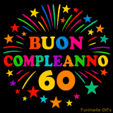 Descrizione: GIF animata 'Buon Compleanno 60' con lettere colorate e fuochi d'artificio