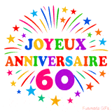 GIF animé joyeux anniversaire 60 ans avec étoiles multicolores et feu d’artifice