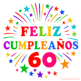 Imagen animada para felicitar los 60 años con letras de colores y diseño festivo.