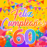 Un GIF animado para un 60º cumpleaños, Muestra el texto 'Feliz Cumpleaños 60' sobre un fondo amarillo vibrante con globos de colores, banderines y una lluvia de confeti.