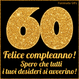Un GIF animato per un 60° compleanno, Presenta il testo 'Buon Compleanno 60' su uno sfondo giallo vivo con palloncini colorati, festoni e una pioggia di coriandoli.