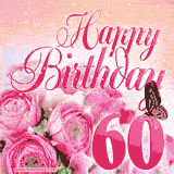 A bright pink 60th birthday animated greeting card hor her with roses, glitter, and a butterfly. The text 'Happy Birthday' is written in an elegant cursive font.