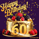 A delicious-looking animated birthday card for a 60th birthday, decorated with raspberries, blackberries, and gold details, Stars sparkle and fall, with 'Happy Birthday!' text above.