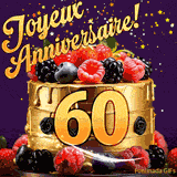 Une animation de célébration d'un gâteau de 60ème anniversaire, Des étoiles dorées tombent du ciel, mettant en valeur le texte 'Joyeux Anniversaire !' et le nombre doré 60 à l'avant du gâteau.