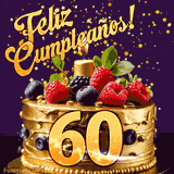 Una animación de celebración de una tarta para el 60º cumpleaños, Estrellas doradas caen del cielo, destacando el texto '¡Feliz Cumpleaños!' y el número dorado 60 en la tarta.