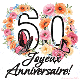 Ce GIF de Joyeux 60ème Anniversaire présente le nombre vingt rempli d'un bouquet vibrant de fleurs animées, avec des papillons qui bougent doucement sur un fond blanc.