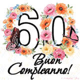 Questo GIF di Buon 60° Compleanno mostra il numero venti riempito con un vibrante bouquet di fiori animati, con farfalle che si muovono dolcemente su uno sfondo bianco.