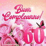 Sessantesimo compleanno in GIF animata: rose rosa grandi, numero sessanta e farfalla rosa su sfondo luminoso ricco di brillantini.