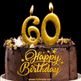 60 Birthday Chocolate Cake with Gold Glitter Number 60 Candles (GIF)
