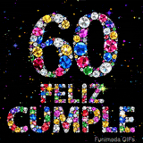 El mensaje FELIZ CUMPLE y el número 60 están compuestos totalmente por joyas multicolores y brillantes frente a un fondo negro con estrellas.