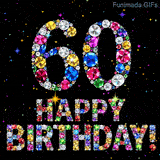 Brightly colored sparkling crystals shape the digit 60 and Happy Birthday lettering, positioned on a dark background featuring small animated glowing stars.