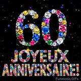 Le chiffre 60 et les mots Joyeux Anniversaire en cristaux colorés brillants, se détachant sur un fond noir rempli de petites étoiles animées.