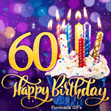 The digit 60 in gold beside a blue-wrapped cupcake with burning colorful candles. Golden Happy Birthday lettering on a blurry purple bokeh backdrop.