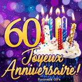 GIF grand cap des 60 ans : le chiffre 60 en or brillant à côté d'un cupcake d'anniversaire aux bougies illuminées.