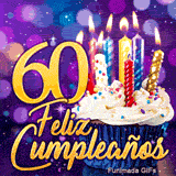 GIF gran paso a los 60 años: el número 60 en oro resplandeciente junto a un cupcake de cumpleaños con velas encendidas.