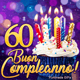 GIF grande traguardo dei 60 anni: il numero 60 in oro risplendente accanto a un cupcake di compleanno con candele accese.