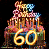 60th birthday GIF showing a rotating colorful cake decorated with lit candles, neon Happy Birthday sign, and golden number 60.