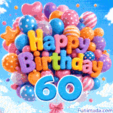 Against a vibrant blue sky, a moving bunch of festive balloons displays 3D Happy Birthday lettering and a prominent blue number 60.