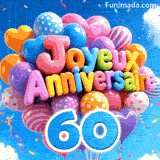 Sous un ciel bleu éclatant, un bouquet de ballons festifs en mouvement affiche l'inscription 3D Joyeux Anniversaire et le grand chiffre bleu 60.