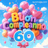 Sotto un cielo azzurro brillante, un mazzo di palloncini festosi in movimento mostra l'iscrizione 3D Buon Compleanno e il grande numero azzurro 60.
