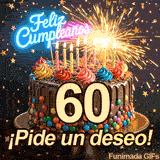 Un imponente pastel de chocolate con la gran cifra 60. Chispas saltan de una luz festiva bajo una hermosa lluvia de estrellas de confeti.