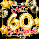 Animación de un GIF con el número 60 en dorado, rodeado de estrellas, burbujas brillantes y la frase 'Feliz cumpleaños' en letras modernas y festivas.