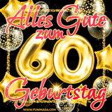A vibrant greeting card featuring colorful balloons in the background with the large number '60' and the words 'Happy Birthday!' in glowing, bold text