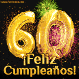 GIF animado con globos dorados en forma del número 60, acompañado de fuegos artificiales de colores y la frase '¡Feliz cumpleaños!' en letras vibrantes.