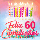 GIF animado con un pastel blanco decorado con confites y velas de colores encendidas, acompañado de la frase 'Feliz 60 cumpleaños' sobre un fondo alegre.
