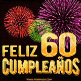 GIF animado con el número 60 en dorado, rodeado de fuegos artificiales rojos, verdes y morados, con el mensaje 'Feliz cumpleaños' en letras doradas.