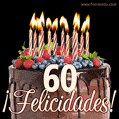 Feliz 60 cumpleaños pastel de chocolate. Imagen (GIF) con pastel y saludo.