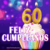 GIF animado de un cupcake decorado con confites, dos velas doradas encendidas formando el número 60, sobre un fondo púrpura brillante con destellos.