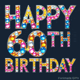 Number 60 shines in this animated GIF, with rhinestone-style letters spelling out “Happy Birthday” in vibrant pinks and gold, sparkling on every frame.