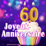 GIF animé joyeux anniversaire pour 60 ans avec un cupcake coloré, des bougies dorées en forme de 60 et un fond violet scintillant.