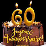 GIF animé pour un 60e anniversaire avec une élégante gâteau au chocolat, des bougies dorées formant le chiffre 60 et le texte 'Joyeux Anniversaire!' en écriture dorée.