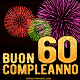 Animazione di fuochi d'artificio colorati con il numero 60 in oro brillante e la scritta 'Buon Compleanno' su uno sfondo nero festivo ed elegante.