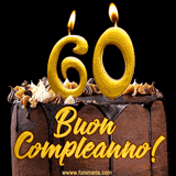 GIF animato con una torta al cioccolato decorata con crema, dettagli dorati e due candele accese che formano il numero 60. Messaggio 'Buon Compleanno' in scritta elegante.