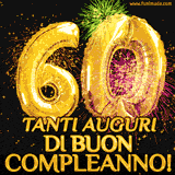 Palloncini dorati a forma del numero 60, accompagnati da scintille e fuochi d'artificio su sfondo nero, con il messaggio 'Tanti auguri di Buon Compleanno!'.