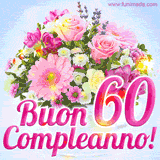 Bouquet animato con rose rosa, margherite e altri fiori colorati, con il numero 60 e la scritta 'Buon Compleanno!' in stile elegante e luminoso.
