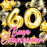 Animazione con palloncini dorati a forma del numero 60, circondati da decorazioni scintillanti e la scritta 'Buon Compleanno!' in caratteri rosa accattivanti.