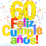 GIF festivo lleno de confeti de colores, el número 60 grande en amarillo y la frase 'Feliz cumpleaños' en letras multicolores y brillantes.