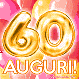 Bouquet animato di palloncini multicolori che emergono da una scatola regalo, con il numero 60 e la scritta 'Tanti Auguri!' su uno sfondo pieno di coriandoli.