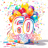 A festive birthday age GIF with animated star confetti, colorful balloons, and a gift box with the number 60. The text reads 'Happy Birthday'.