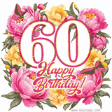 A celebratory GIF image features the animated number '60' and the words 'Happy Birthday!' surrounded by pink and yellow flowers. Two moving butterflies are included in this festive design.