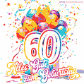 Animiertes Konfetti, mehrfarbige Luftballons und eine Geschenkbox in einem fröhlichen GIF zum 60. Geburtstag