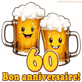 GIF animé humoristique pour un 60e anniversaire avec deux chopes de bière rigolotes, le chiffre 60 et le message 'Bon anniversaire!' sur un fond festif.