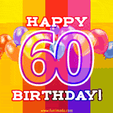 A birthday cake with lit candles is shown with colorful balloons and animated confetti.