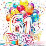 Animazione con palloncini colorati e scintillanti, accompagnata dal numero 61 in caratteri grandi e luminosi, e la scritta 'Tanti Auguri!' in stile vivace.