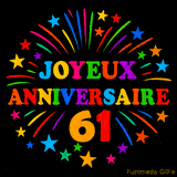 GIF animé 'Joyeux Anniversaire 61' avec des lettres colorées et des feux d'artifice éclatants